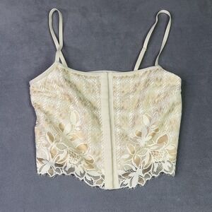 Aerie Floral Lace Corset Top Womens‎ Medium Cream Tan Hook Front Crop Fairycore